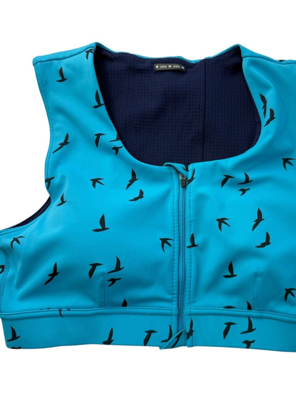 OISELLE Running Sports Bra.  Teal Blue. Bird Print. Size Women's 10 Front Zipper
